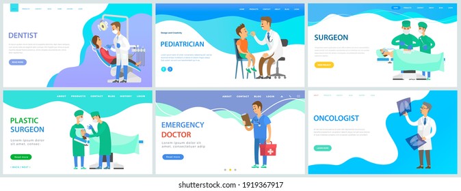 Set of landing pages about doctors work with equipment and instruments. Medical services concept. Patient health research and treatment. Provision of physician services in a medical institution