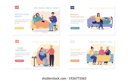 Set of landing pages about joint pastime for self-medication. People are treated during illness at home. Health care and treatment in isolation in apartment. Characters help each other get well