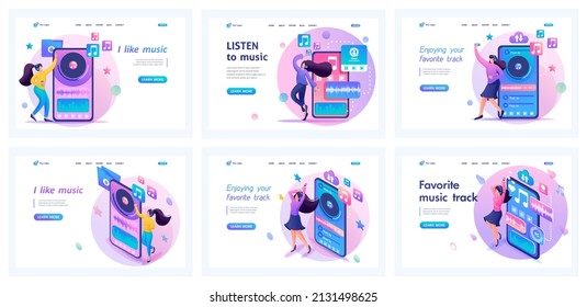 Set of landing pages about the love of music. Isometric 3D and 2D illustrations. Listen to music, enjoy music, dance to music, mobile App