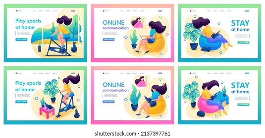 Set of landing pages about self-isolation. Isometric 3D and 2D illustrations. Girl works from home, communicates with friends online, works out on the simulator.