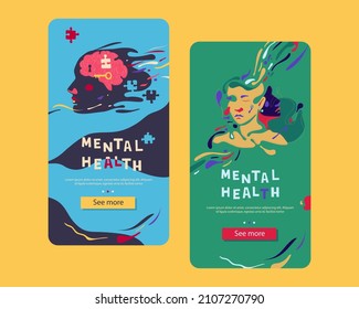 A set of landing pages for applications in a smartphone. Mental health. Banners with abstract human faces. World Health Day.