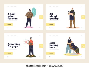 Set of landing pages with barbershop workers, cartoon hairdressers with clients doing haircuts and shaving using professional tools. Cartoon barbers in male haircut salon. Flat vector illustration