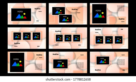 Set Landing pages beige color of rectangular elements, photo frames template on the background of transparent circles. Business presentation, vector illustration stock.