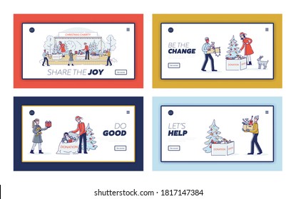 Set Of Landing Pages With Cartoons Donating For Christmas. People Giving Toys For Charity For Kids. Holiday Donation, Help And Support Concept. Linear Vector Illustration