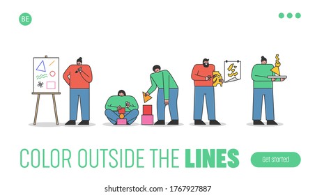 Set of landing pages with creative arstists. People painting, glueing, making figures and sculptures. Artistic hobby, creativity and imagination development concept. Cartoon vector illustration