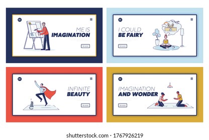 Set of landing pages with creative people for miracles and imagination concept. Funny cartoon characters imagining, dreaming and believe in magic. Template linear vector illustration