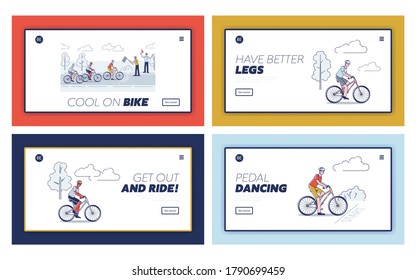 Set of landing pages with cyclists on bikes riding. Bicycle race competition templates. Bicyclists riders competition, sport, fitness and healthy lifestyle concept. Sport vector illustration