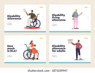 Set of landing pages with disabled people and disability living allowance concept. Handicapped male and female and financial support. Template vector illustration
