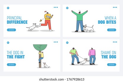 Set of landing pages with dogs attacking human. Aggressive dogs biting and barking on people on white background. Homeless canine danger concept. Flat design vector illustration