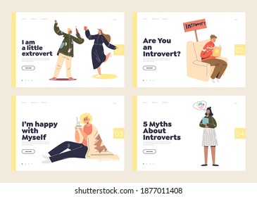 Set of landing pages with extroverts and introverts types of relaxation and rest. Extraverted people dancing and introverted - alone calm. Flat vector illustration