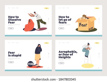 Set of landing pages with fear concept and frightened cartoon characters. Depressed and horrified people. Mental disorder and phobia concept. Flat vector illustration