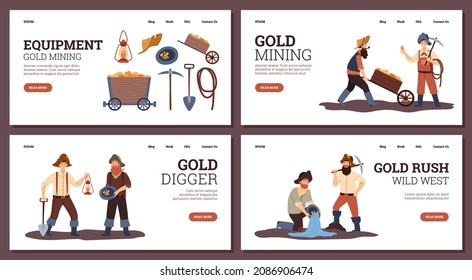 Set of landing pages with gold mining and wild west concept - flat vector illustration. Prospectors and miners in vintage clothes digging for gold with trolley, pickaxe, shovel and rope.