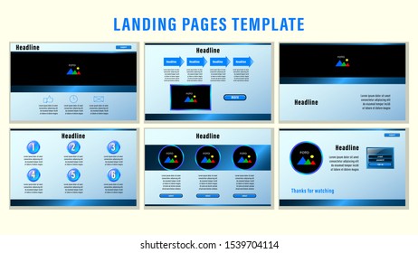 Set Landing pages with gradient metal blue rectangular strips and elements, photo frames template with the background. Business presentation vector illustration.