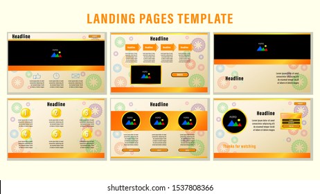 Set Landing pages with gradient orange rectangular strips and elements, photo frames template with the background of the circular ornament. Business presentation vector illustration.
