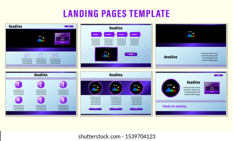 Set Landing pages with gradient purple rectangular strips and elements, photo frames template with the background the pattern of contour corners. Business presentation vector illustration.