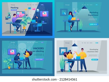 Set of landing pages. A hacker hacks the mail and makes an attack on the network. Marketing department and creative department. 2D characters