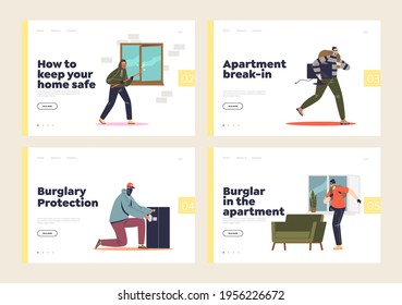 Set of landing pages with home burglar, housebreaking, robbery and thief in apartment. Cartoon robbers in masks stealing money. Illegal home burglary concept. Flat vector illustration