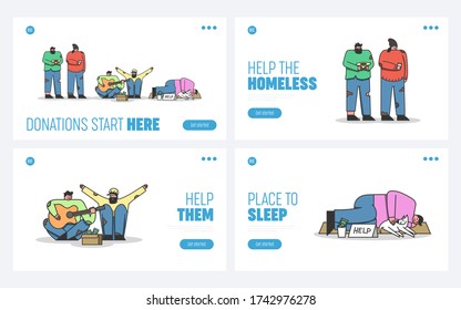 Set of landing pages for homeless people donation and help. Charity volunteering concept. Dirty cartoon beggers in shaggy clothes sleep on street, beg money. Template vector illustration