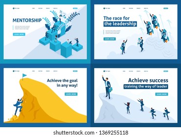 Set of Landing pages isometric concept leadership, motivation, goal movement, mentorship