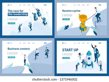 Set of landing pages of the isometric concept of leadership and rivalry, competition, goal achievement.