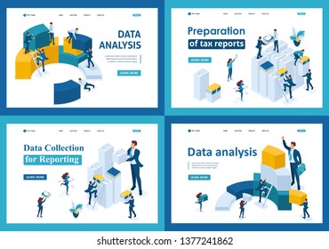 Set of landing pages in isometric concept. Data collection and reporting for tax forms.