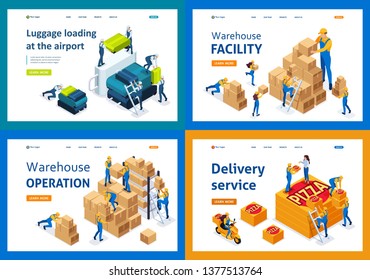 Set of landing pages of isometric concept of warehouse work and delivery service