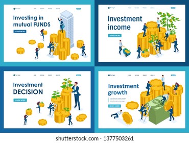 Set of landing pages of isometric money investing concept for profit growth, investors and businessmen.