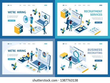 Set of landing pages of the isometric recruiting business concept hiring employees in a company, HR Manager.