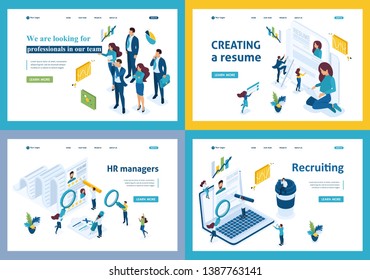 Set of landing pages of the isometric recruiting concept hiring employees in a company, HR Manager.