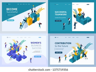 Set of landing pages of isometric teamwork concept, goal achievement, success, leadership