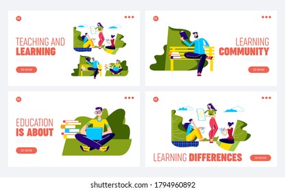 Set of landing pages for learning outdoors concept with students reading, having classes or training online in park. Education out of class concept. Modern study. Flat vector illustration