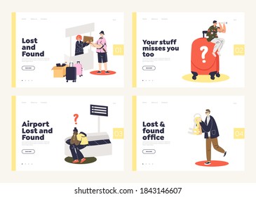 Set of landing pages for lost and found service websites or online offices for returning baggage in airport and finding what people lost. Cartoon website templates. Vector illustration