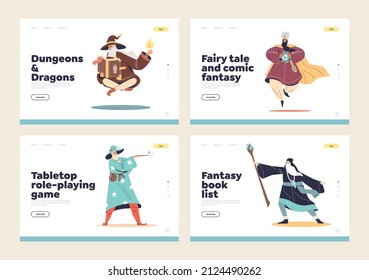 Set of landing pages with old men magicians and wizards with long beards dressed in magical robes and hat using wand, staff and crystal for magical tricks. Cartoon flat vector illustration
