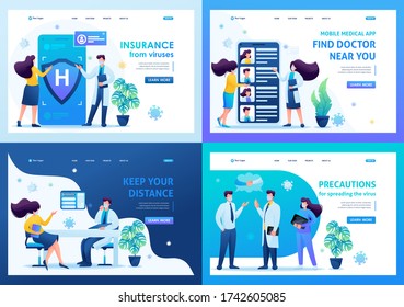 Set of landing pages on the topic of medicine during the epidemic. Vector illustration Keeping a distance and wearing masks.