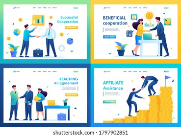 Set of landing pages on the topic of cooperation between companies, business. Flat 2D. vector illustration