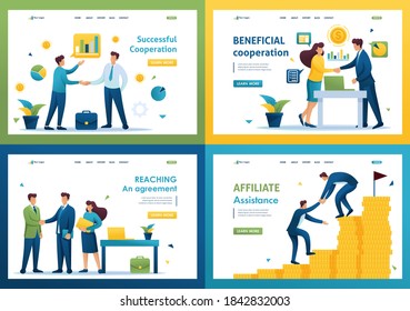 Set of landing pages on the topic of cooperation between companies, business. Flat 2D.