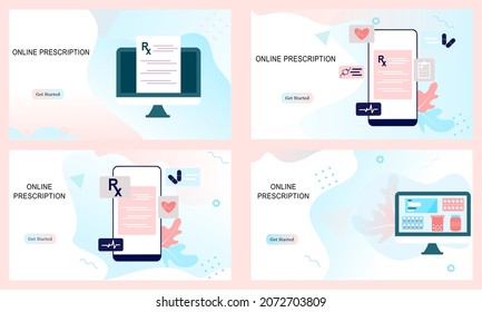 Set of landing pages of online pharmacy, healthcare, drugstore app concept. Vector of online prescription drugs, first aid kit and medical supplies being sold online via web or smartphone application.