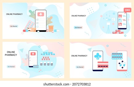 Set Of Landing Pages Of Online Pharmacy, Healthcare, Drugstore App Concept. Vector Of Online Prescription Drugs, First Aid Kit And Medical Supplies Being Sold Online Via Web Or Smartphone Application.