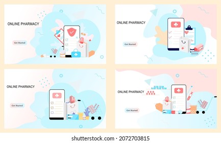 Set Of Landing Pages Of Online Pharmacy, Healthcare, Drugstore App Concept. Vector Of Online Prescription Drugs, First Aid Kit And Medical Supplies Being Sold Online Via Web Or Smartphone Application.