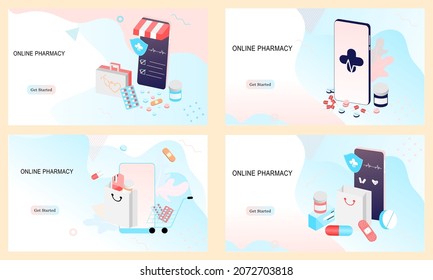 Set of landing pages of online pharmacy, healthcare, drugstore app concept. Vector of online prescription drugs, first aid kit and medical supplies being sold online via web or smartphone application.