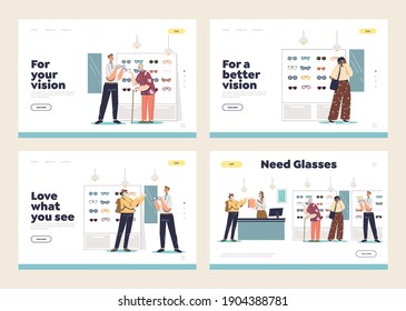 Set Of Landing Pages With Optics Store Customers Choosing And Buying Eyeglasses. Different People Visit Optical Shop To Buy Glasses And Sunglasses. Cartoon Template Vector Illustration