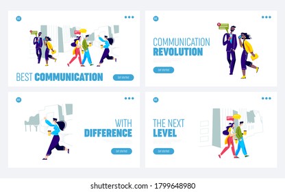 Set of landing pages with people communicating on go using smartphones or talking. Business people and students walking in morning or on coffee break. Cartoon vector illustration