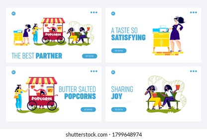 Set of landing pages with people enjoy popcorn. Tasty sweet or salty pop corn snack backgrounds templates. Cartoon characters cooking and buying popcorn buckets. Vector illustration