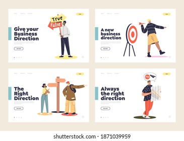 Set of landing pages with people making decisions and choosing wrong directions. Cartoon characters choose right business direction. Flat vector illustration