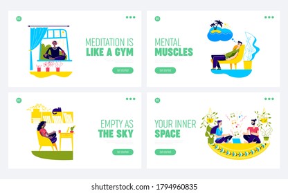 Set of landing pages with people meditating at home. Template background for home yoga and meditation online courses or classes. Healthy life and exercises on quarantine. Flat vector illustration