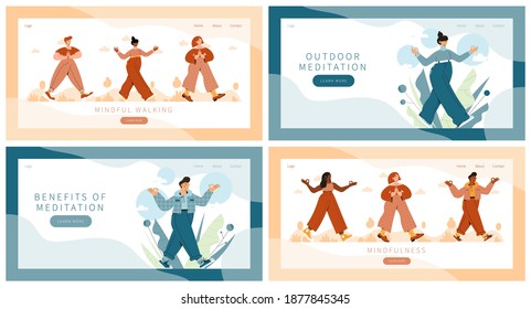 Set of landing pages with people practicing mindful walking exercise in nature and leaves. Concept illustration for meditation, relax, recreation, healthy lifestyle, mindfulness practice.