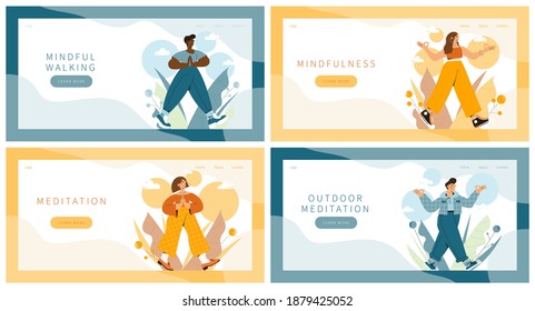 Set of landing pages with people practicing mindful walking exercise in nature and leaves. Concept illustration for meditation, relax, recreation, healthy lifestyle, mindfulness practice.