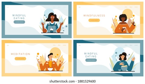 Set of landing pages with people practicing mindful walking exercise in nature and leaves. Concept illustration for meditation, relax, recreation, healthy lifestyle, mindfulness practice. 