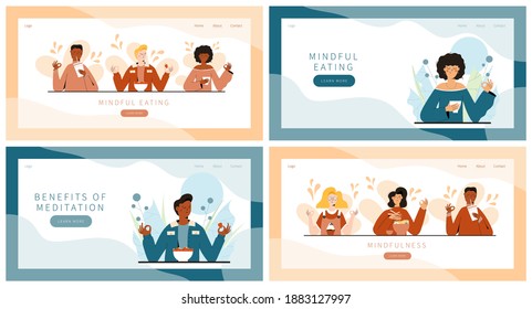 Set of landing pages with people practicing mindful walking exercise in nature and leaves. Concept illustration for meditation, relax, recreation, healthy lifestyle, mindfulness practice