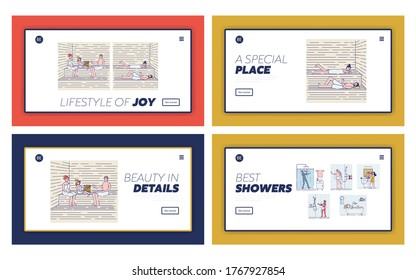 Set of landing pages with people relaxing in sauna or banya enjoy spa procedure. Skin care, healthcare, wellness and recreation concept. Cartoon linear vector illustration